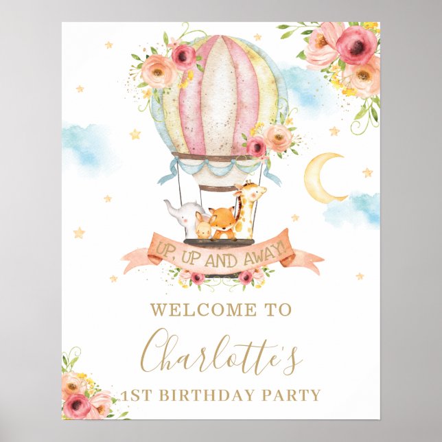 Floral Hot Air Balloon Animals Birthday Welcome Poster (Front)