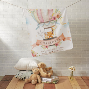 Floral Hot Air Balloon Animals Girl Birth Stats Baby Blanket