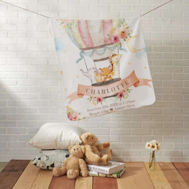 Floral Hot Air Balloon Animals Girl Birth Stats Baby Blanket | Zazzle