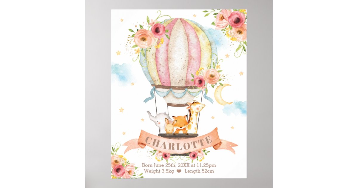 Floral Hot Air Balloon Animals Girl Birth Stats Poster | Zazzle