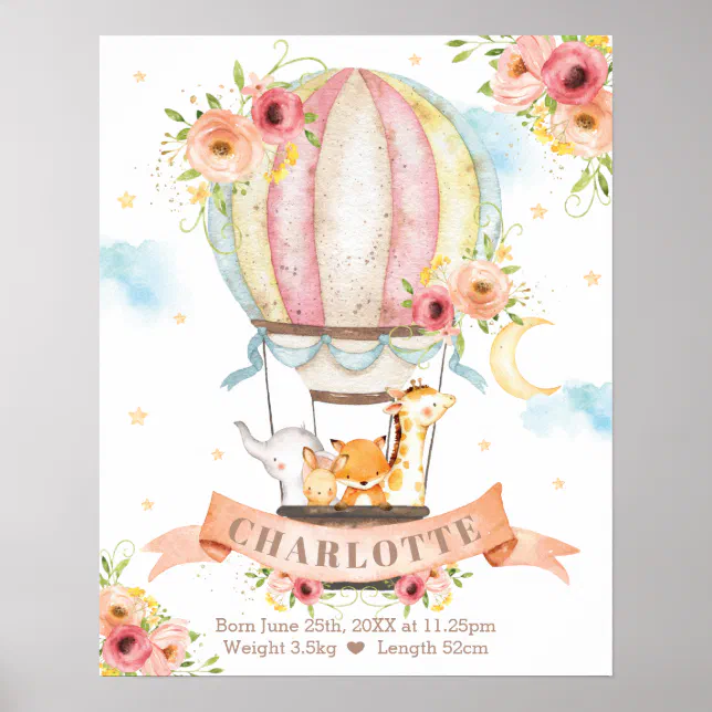 Floral Hot Air Balloon Animals Girl Birth Stats Poster | Zazzle