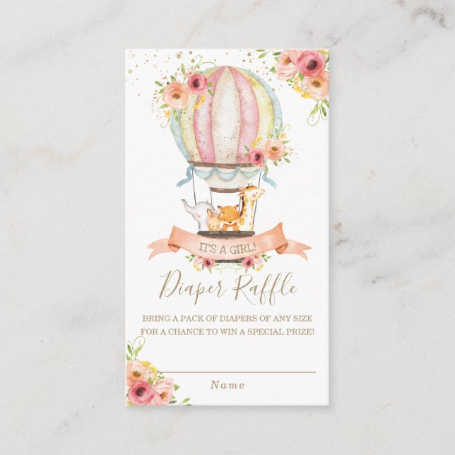Floral Hot Air Balloon Baby Animals Diaper Raffle Enclosure Card (Front)