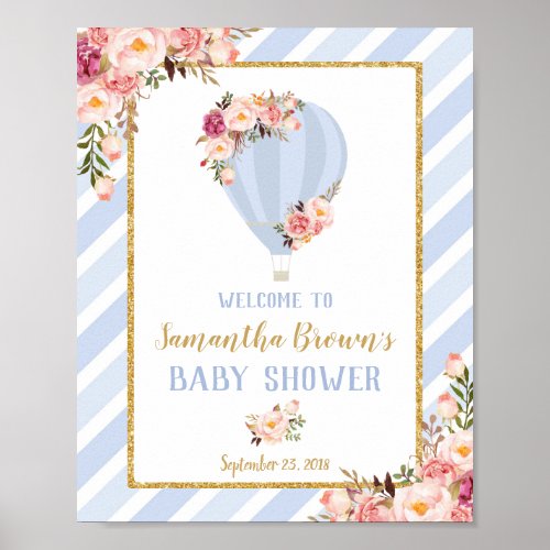 Floral Hot Air Balloon Baby Boy Shower Welcome Poster