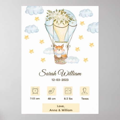 Floral Hot Air Balloon Baby Fox Birth Stats  Poster