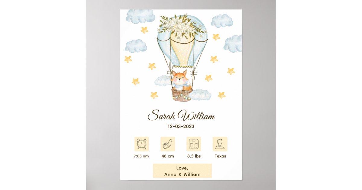 Floral Hot Air Balloon Baby Fox Birth Stats Poster | Zazzle