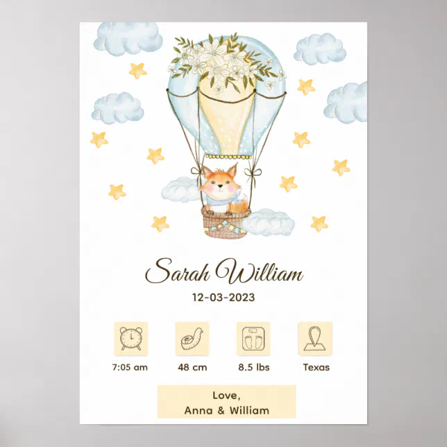 Floral Hot Air Balloon Baby Fox Birth Stats Poster | Zazzle