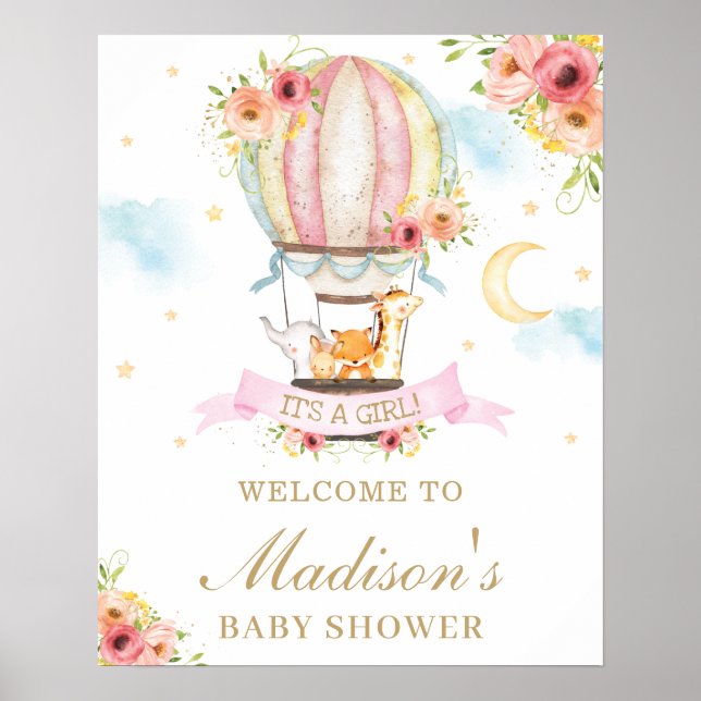Floral Hot Air Balloon Baby Shower Animals Welcome Poster (Front)