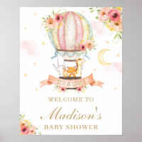 Floral Hot Air Balloon Baby Shower Animals Welcome Poster