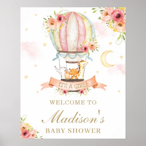 Floral Hot Air Balloon Baby Shower Animals Welcome Poster