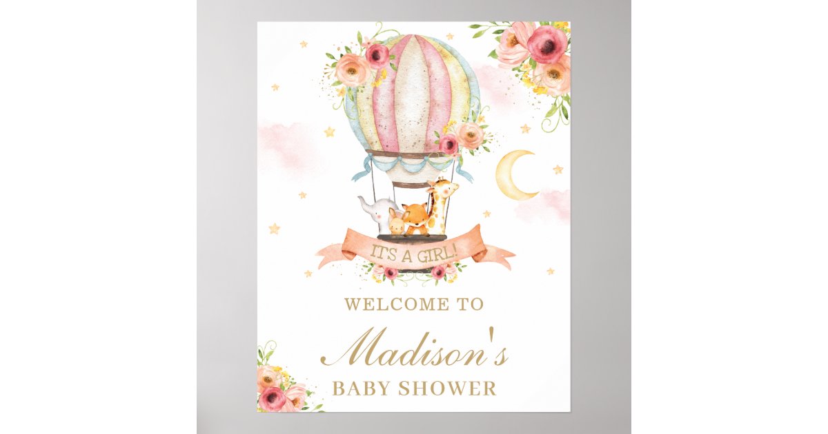 Floral Hot Air Balloon Baby Shower Animals Welcome Poster | Zazzle