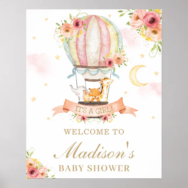 Floral Hot Air Balloon Baby Shower Animals Welcome Poster | Zazzle
