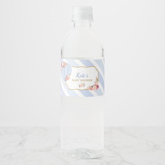 Floral Hot Air Balloon Baby Shower Blue Baby Boy Water Bottle