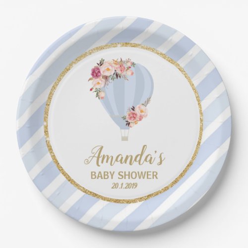 Floral Hot Air Balloon Baby Shower Blue Boy Paper Plates
