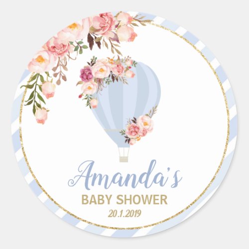 Floral Hot Air Balloon Baby Shower Blue Thank You Classic Round Sticker