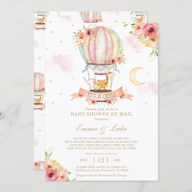Floral Hot Air Balloon Baby Shower by Mail Animals Invitation (Front/Back)