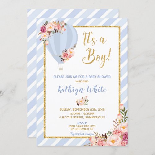 Floral Hot Air Balloon Baby Shower Invitation Boy