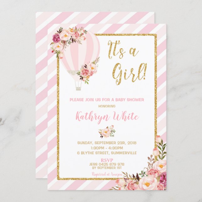 Floral Hot Air Balloon Baby Shower Invitation Girl (Front/Back)