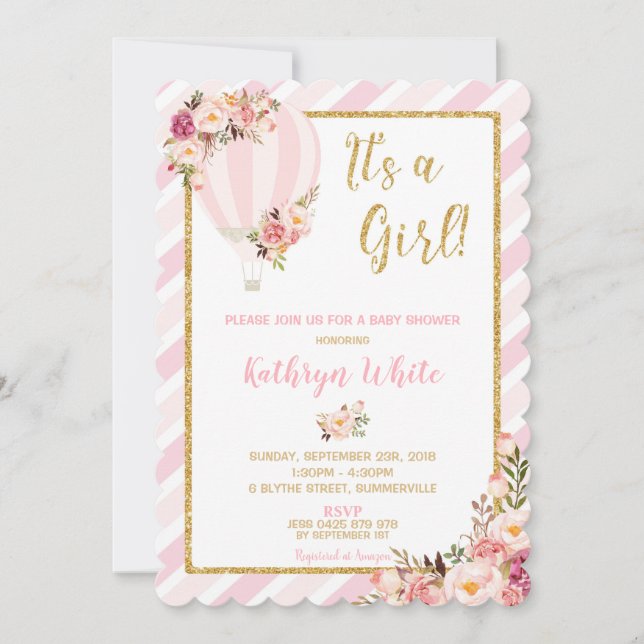 Floral Hot Air Balloon Baby Shower Invitation Girl (Front)
