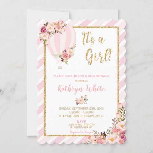 Floral Hot Air Balloon Baby Shower Invitation Girl