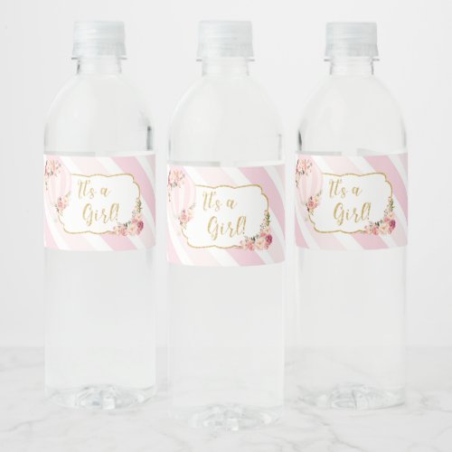 Floral Hot Air Balloon Baby Shower Its a Girl Water Bottle Label