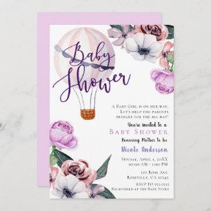 Floral Hot Air Balloon Baby Shower lavender purple Invitation