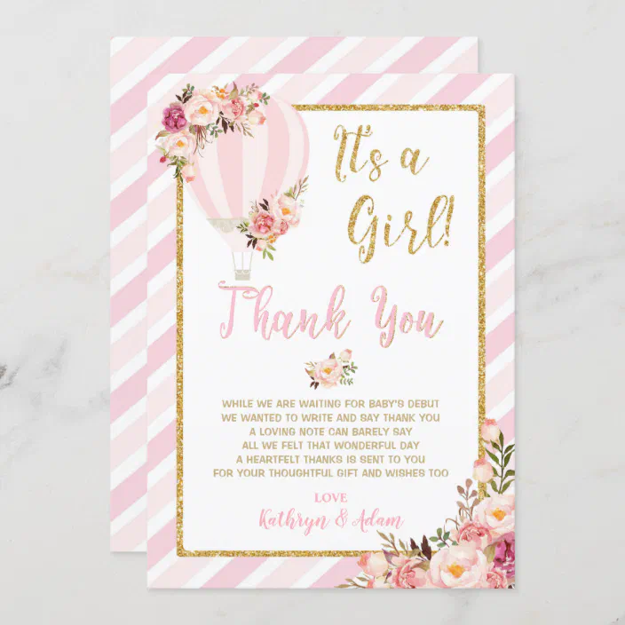 Pretty Pink Floral Hot Air Balloon Party Thank You Cards
