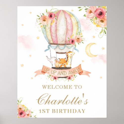 Floral Hot Air Balloon Birthday Animals Welcome Poster