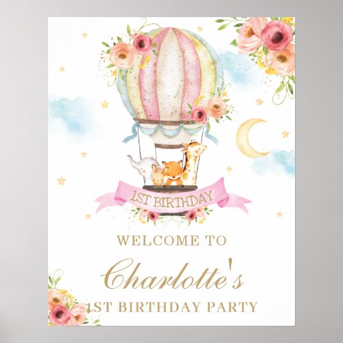 Floral Hot Air Balloon Birthday Animals Welcome Poster