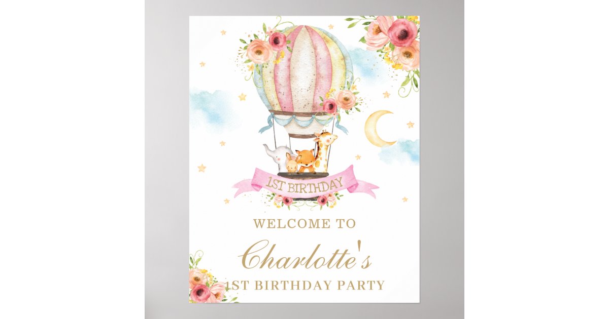 Floral Hot Air Balloon Birthday Animals Welcome Poster | Zazzle