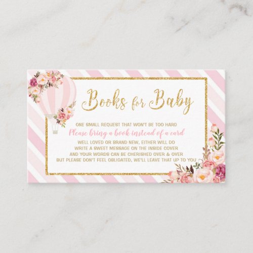 Floral Hot Air Balloon Bring a Book Pink Baby Girl Enclosure Card