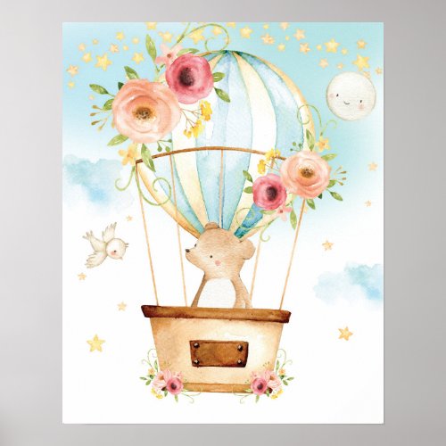 Floral Hot Air Balloon Cute Bear Adventure Awaits Poster