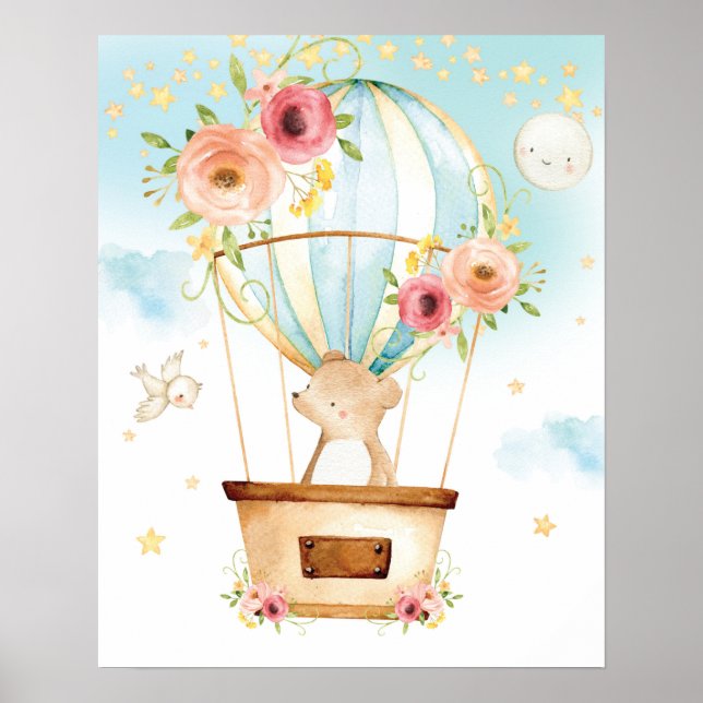Floral Hot Air Balloon Cute Bear Adventure Awaits Poster (Front)