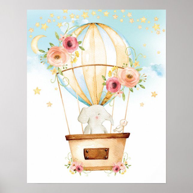 Floral Hot Air Balloon Elephant Adventure Awaits Poster (Front)