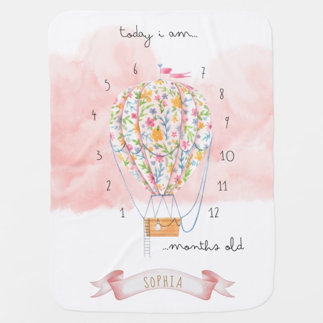 Floral Hot Air Balloon Milestone  Baby Blanket (Front)