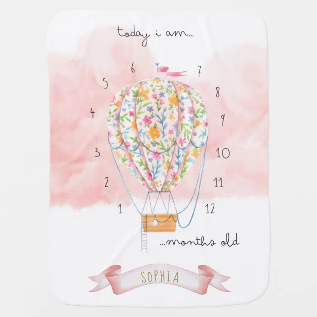 Floral Hot Air Balloon Milestone Baby Blanket | Zazzle