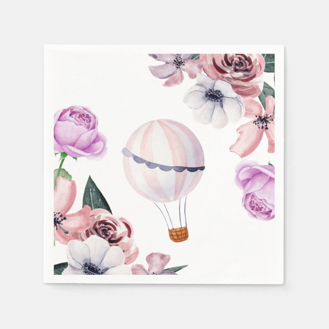 Floral Hot Air Balloon Traveling Bridal Shower Napkins (Front)