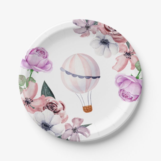 Floral Hot Air Balloon Traveling Bridal Shower Paper Plates (Front)