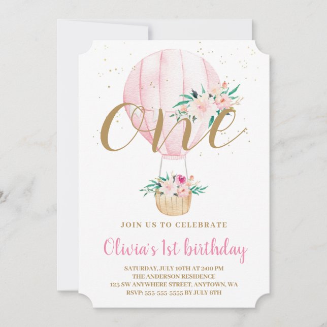 Floral Hot Air Balloon Watercolor Birthday  Invitation (Front)