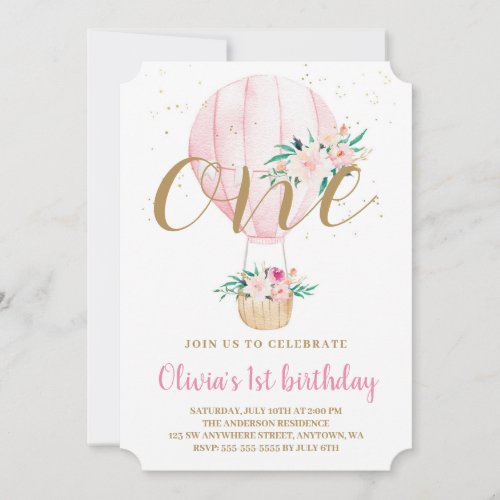 Floral Hot Air Balloon Watercolor Birthday  Invitation