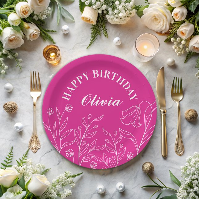 Floral Hot Pink 30th Birthday Elegant  Paper Plates (Creator Uploaded)
