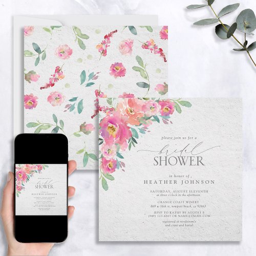 Floral Hot Pink Elegant Watercolor Bridal Shower Invitation