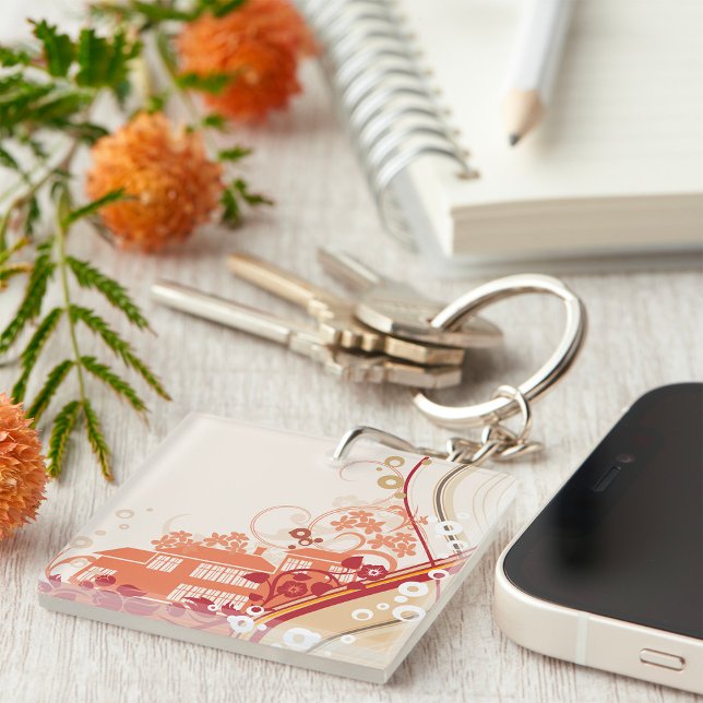 Floral House Illustration Swirl and Nature Pattern Keychain (Creator Uploaded)