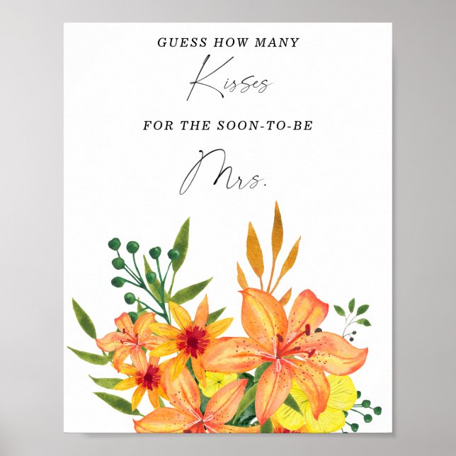 Floral how many kisses bridal shower game poster (Front)