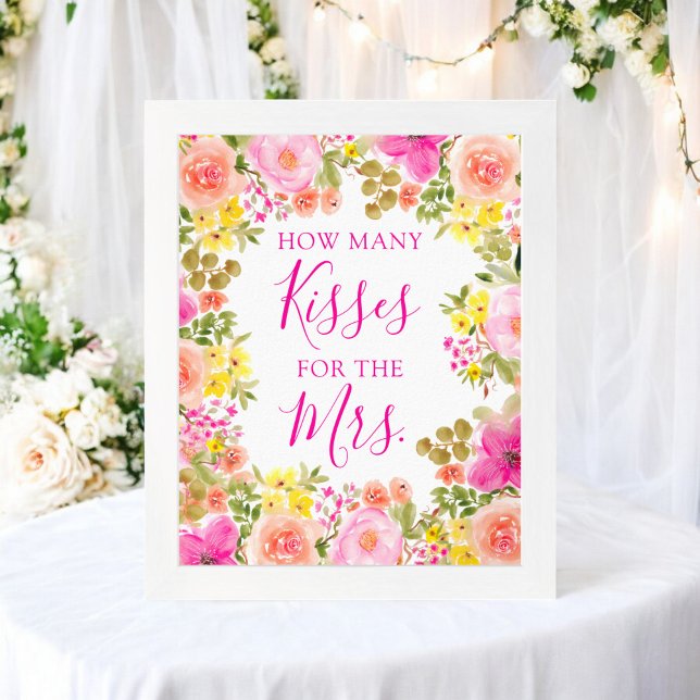 Floral How Many Kisses for the Mrs. Bridal Shower Poster (Floral How Many Kisses for the Mrs. Bridal Shower Poster)