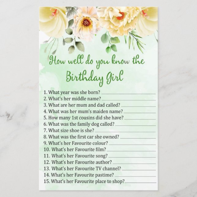 Floral How well do you know the birthday girl (Front)