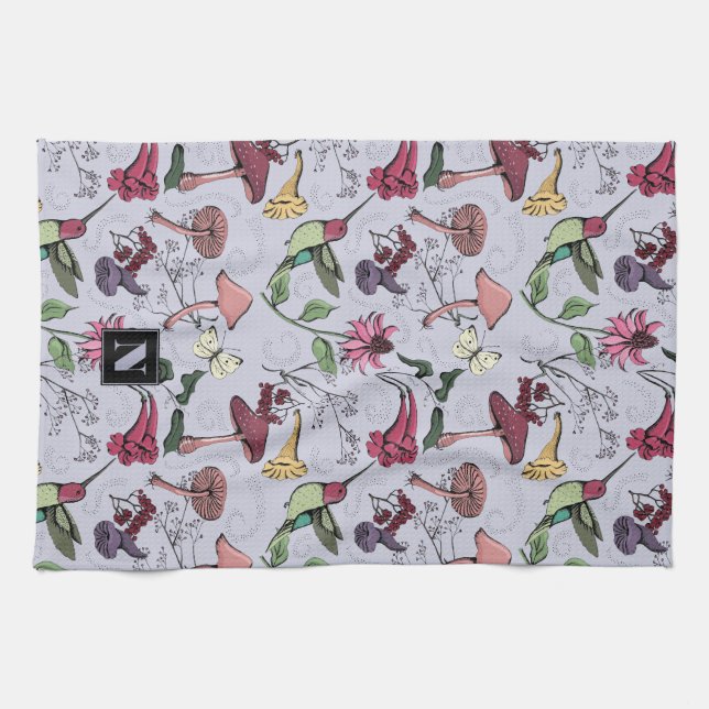 Floral Hummingbird Garden Lavender Purple Kitchen Towel (Horizontal)