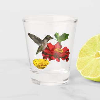 Floral Hummingbird on Red Flower Nature Shot Glass