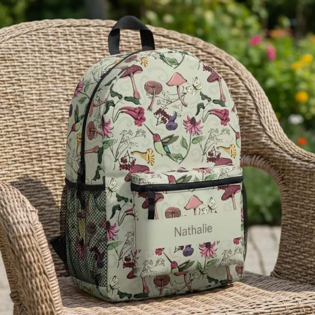 Floral Hummingbird Sage Green Nature Printed Backpack (Sage Green Floral Hummingbird Pattern with Name. Cute Birds and Colorful Flowers Nature Bag for Her)