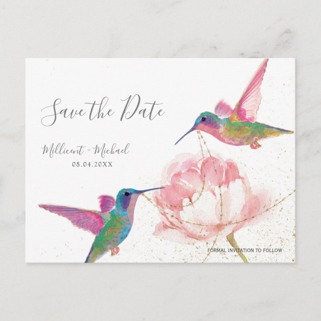 Floral Hummingbird Save the Date Postcard (Front)