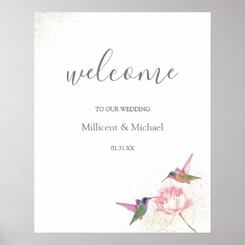 Floral Hummingbirds Gold Watercolor Welcome Sign